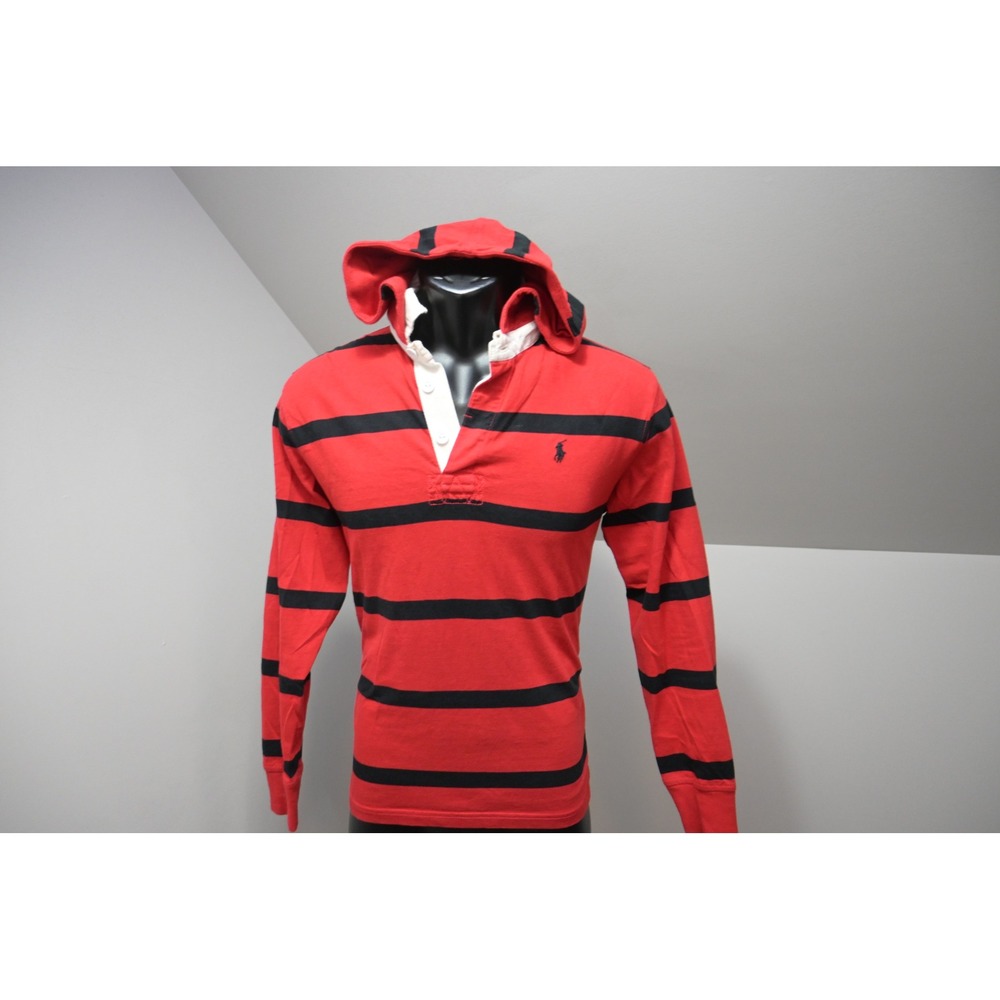 Polo Ralph Lauren Hooded Rugby Shirt Boys Kids Size L 14-16 Red Navy Striped